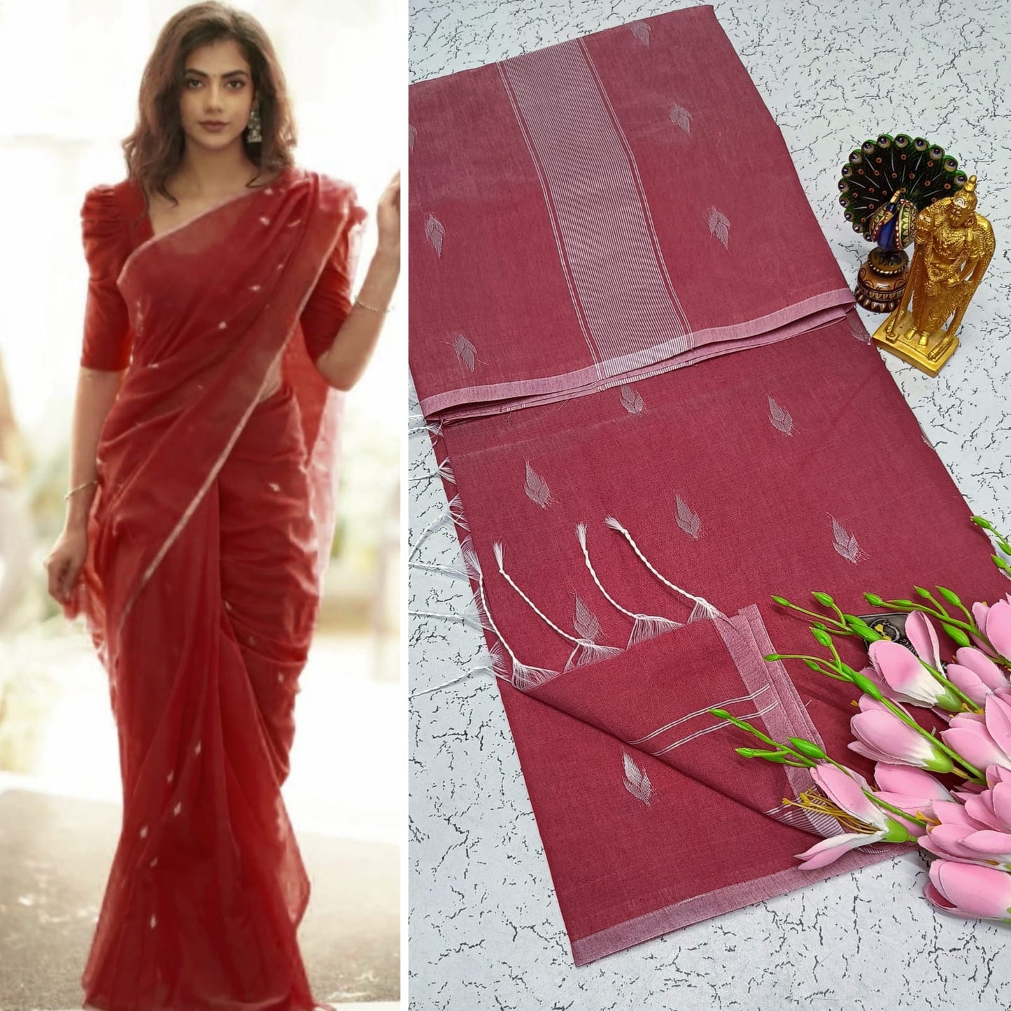 Maheshwari Silk Cotton Saree With Contrast Blouse