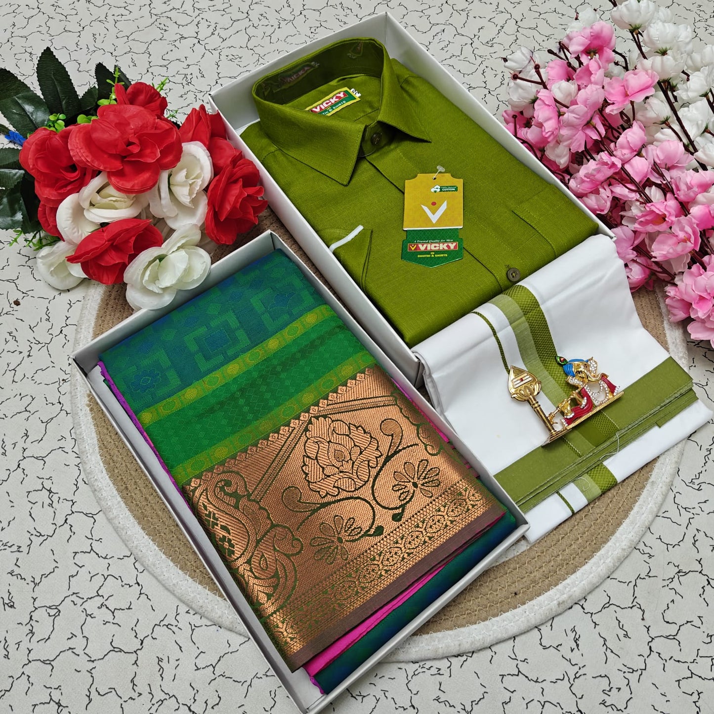 Cotton Blended Heavy Quality Shirt & Dhoti + 3D Embossed Karizma Silk Saree (Gift Combo)