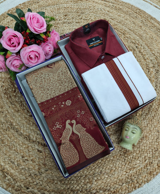 Kubera Silk Saree Set – Saree + Cotton Shirt & Silk-Cotton Dhoti (Matching Sets)