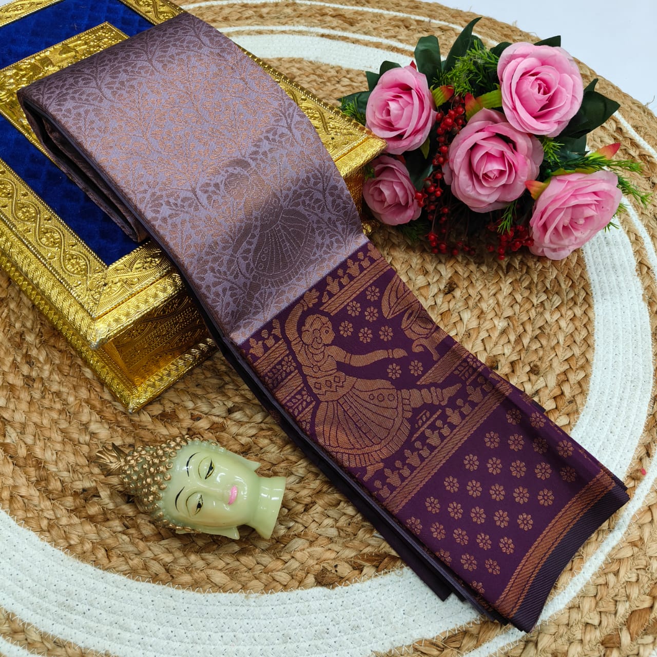 Elite Kupera Korvai Bridal Rapier Fancy Light Weight Silk Saree – Samuthrika Style with 3D Embossed Design & Rose Gold Jari