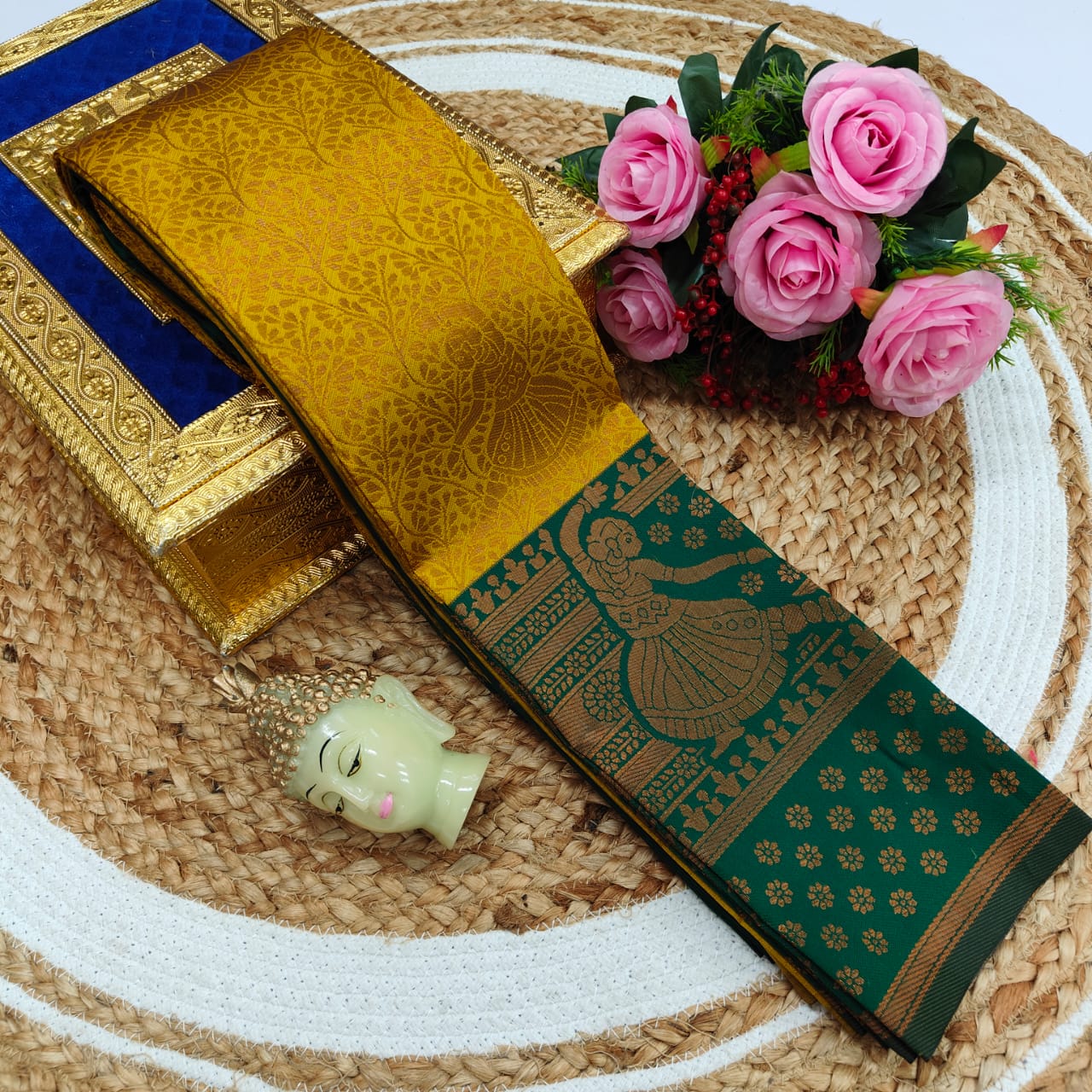 Elite Kupera Korvai Bridal Rapier Fancy Light Weight Silk Saree – Samuthrika Style with 3D Embossed Design & Rose Gold Jari