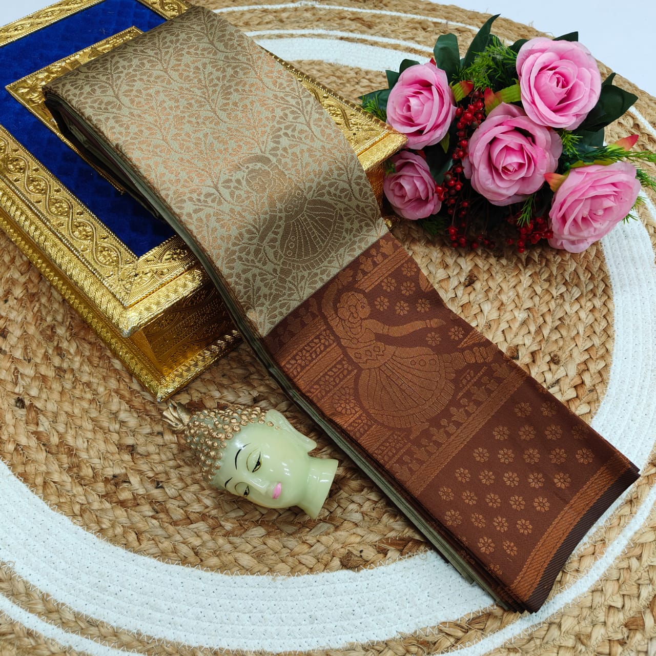 Elite Kupera Korvai Bridal Rapier Fancy Light Weight Silk Saree – Samuthrika Style with 3D Embossed Design & Rose Gold Jari