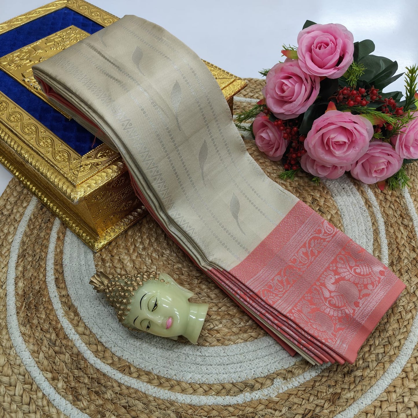 Elite Kupera Korvai Bridal Rapier Fancy Light Weight Silk Saree – Samuthrika Style with 3D Embossed Design & Rose Gold Jari
