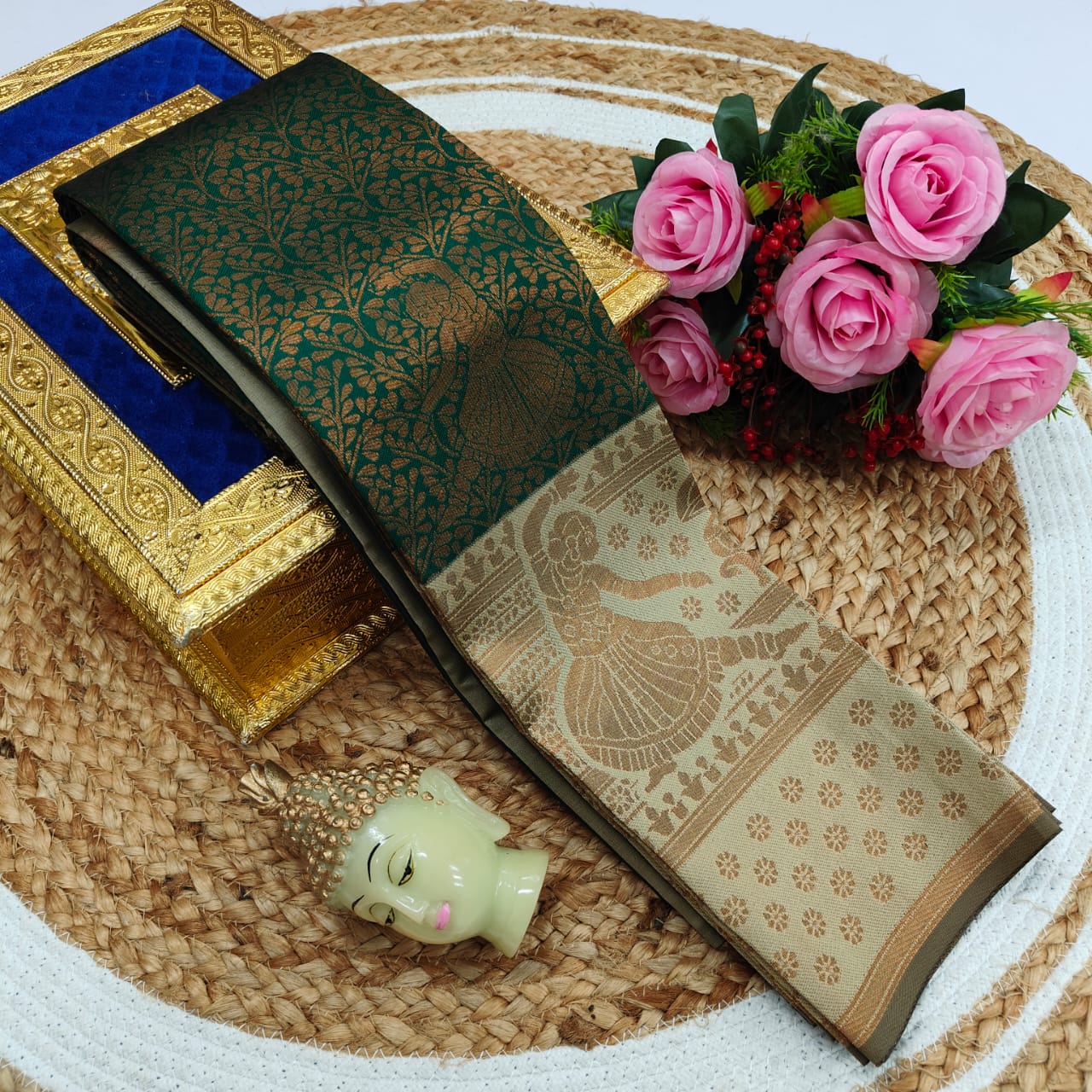 Elite Kupera Korvai Bridal Rapier Fancy Light Weight Silk Saree – Samuthrika Style with 3D Embossed Design & Rose Gold Jari